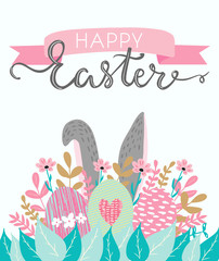 Happy Easter hand written lettering words and cute floral adorable banner with flowers, eggs, leaves and hand drawn textures on background