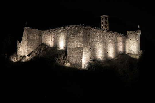 Castle of Mesocco in the night, Misox, Switzerland, Europe