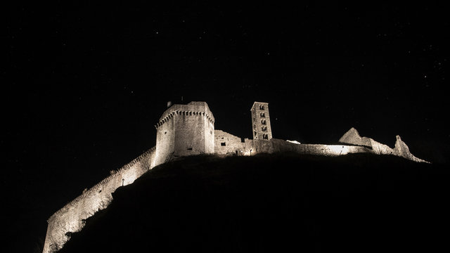 Castle of Mesocco in the night, Misox, Switzerland, Europe