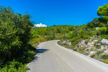 Curved asphalt road alongside green greek paradise nature landscape