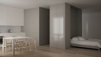 Small apartment with parquet floor, kitchen in white living room, office in minimalist style, Murphy bed, roll-away, modern architecture concept