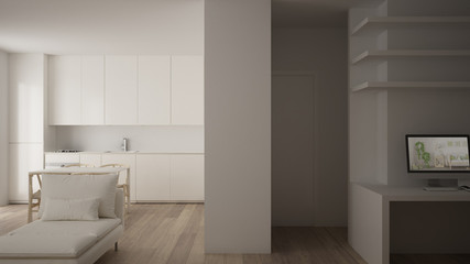 Naklejka na ściany i meble Small apartment with parquet floor, home workplace with corner desk in white living room with kitchen, office in minimalist style, modern architecture concept