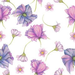 Seamless pattern of purple garden flowers