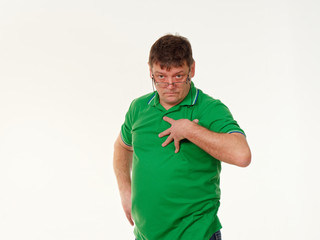 man with emotions in glasses on white background