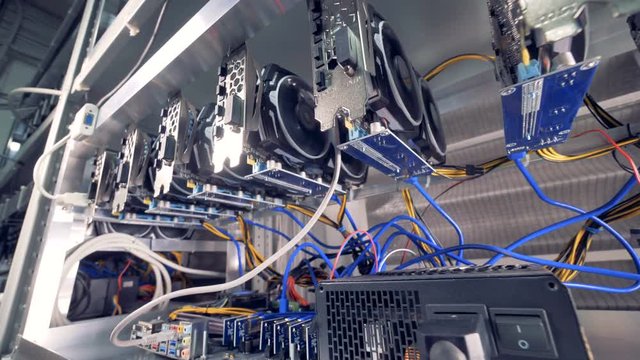 Lots of bitcoin miners set up on a special cryptocurrency mining farm.