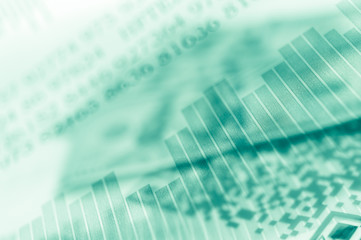 Double exposure Stock market display or forex trading graph and candlestick chart on dollar banknote