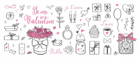 Happy Valentines day vector doodle set with Lettering