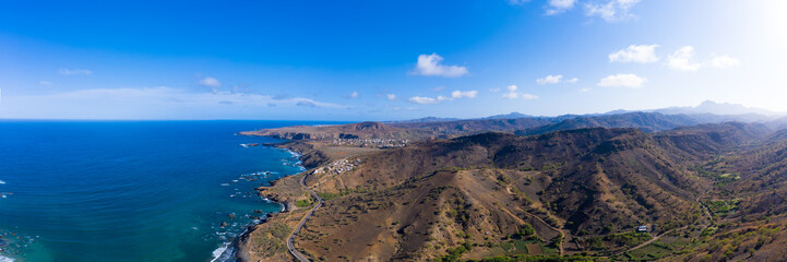 Fototapeta na wymiar Aerial panoramic view wild coastline near Calhet in Santiago - Cape Verde - Cabo Verde