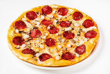 Pepperoni Pizza with Mozzarella cheese, salami, Tomatoes, pepper.