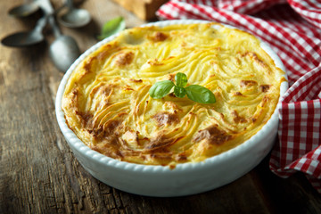 Homemade fish pie with mashed potato