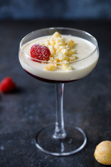 Layered panna cotta with raspberry, vanilla and amaretto biscuit