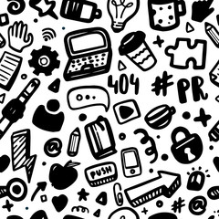 Social media seamless pattern for site background in doodle style. PR concept for blog
