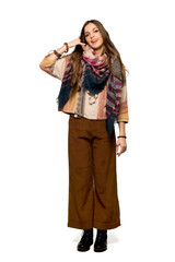 Full-length shot of Young hippie woman making phone gesture. Call me back sign on isolated white background