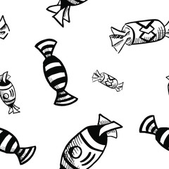candy pattern, black and white seamless vector pattern, doodle sweets pattern, candy pattern, black and white seamless vector background, hand-drawn candy