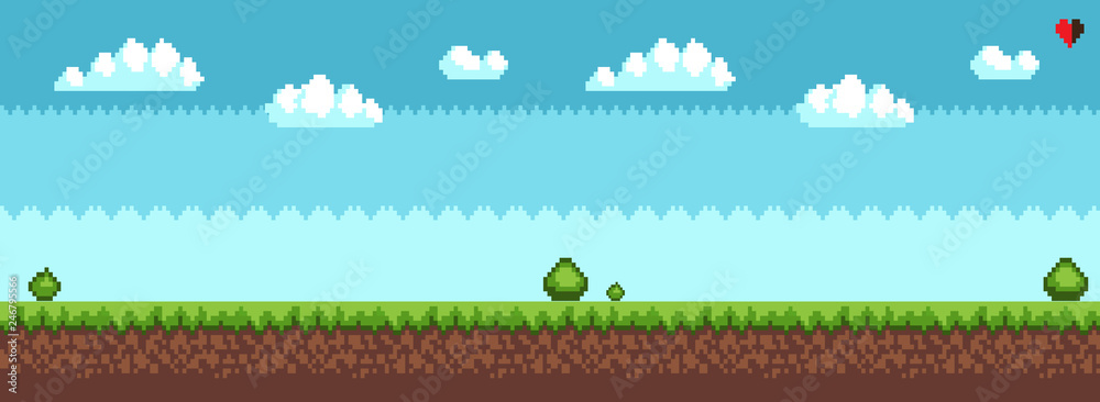 Fototapete tree and bush pixel style vector illustration landscape with sky grass and ground. green plants for 