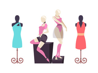 Mannequins with clothes dresses and shorts vector. Showcase of clothing, classic casual robe. T-shirt and choker accessory set with light short skirt