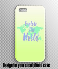 Vector mockup of stylish smartphone case. Beautiful cover for the traveler: a map of the world and a plane - around the world