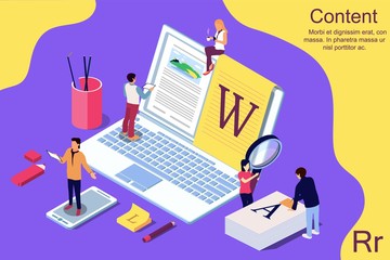 Isometric concept creative writing or blogging, education and content management for web page, banner, social media, documents, cards, posters. Vector illustration for news, copywriting, seminars