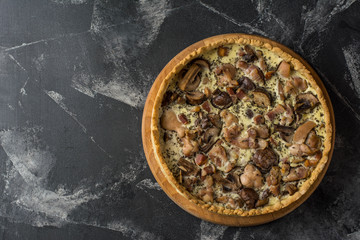 Mushroom Quiche Pie with champignons and cheese on dark background, top view. Savory tart with mushrooms. Galette. Tart with chicken. Chicken pie. Mushroom pie.
