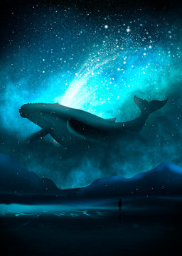 The depths of the sun through the water, the underwater world, the sea floor. Sea fantasy, big whale, sperm whale, the silhouette of a man by the sea. Night view.