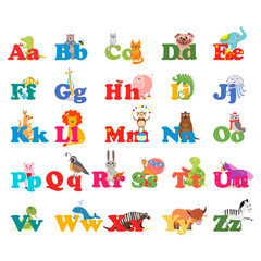 Alphabet with animals, toon. English alphabet, vector illustration.
