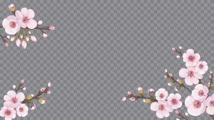 Light frame horizontal of sakura flowers. Handmade background in the Japanese style. Design element for textiles, wallpaper, packaging, printing. Pink on transparent background.