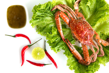 Steamed blue swimming crab, Flower crab, Blue crab (Portunus pelagicus) and spicy sauce isolated on white background.