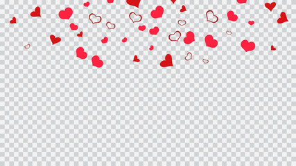 Romantic background. Red hearts of confetti are falling. Red on Transparent background Vector. Design element for wallpaper, textiles, packaging, printing, holiday invitation for wedding.
