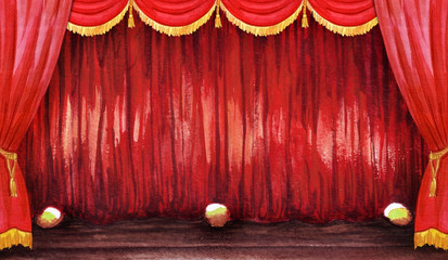 Scene hall curtain watercolor circus, concert, show, theater illustration hand drawn