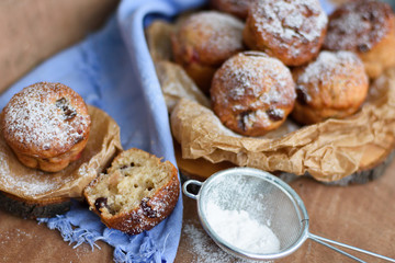 Cupcakes with raisins and candied fruits on a wooden background with a blue napkin and powdered sugar
