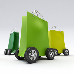 Green shopping bags on wheels