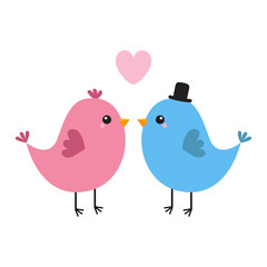 Two bird couple. Pink heart. Happy Valentines Day. Love Greeting card. Boy, girl. Black hat. Cute cartoon kawaii baby character. Flat design. White background.