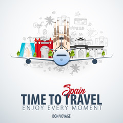Travel to Spain. Time to Travel. Banner with airplane and hand-draw doodles on the background. Vector Illustration.