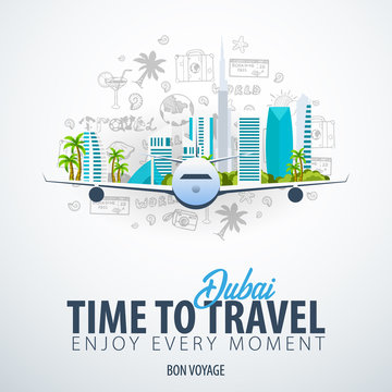 Travel to Dubai, UAE. Time to Travel. Banner with airplane and hand-draw doodles on the background. Vector Illustration.