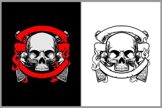 skull head with revolver gun and fire vector logo template