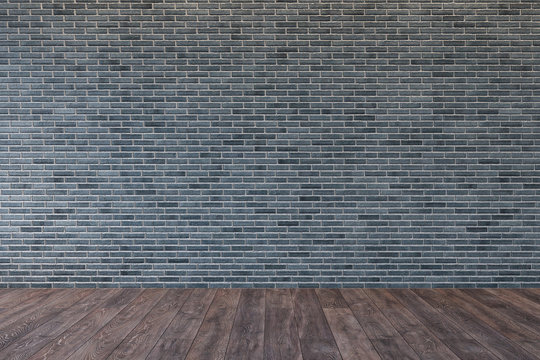 Loft interior with blank gray brick wall and wooden floor. 3d render illustration mock up.