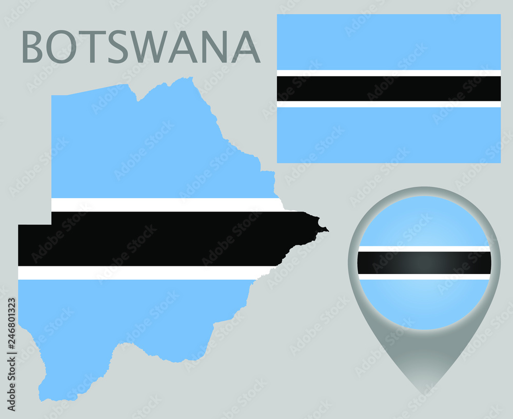 Wall mural colorful flag, map pointer and map of botswana in the colors of the botswana flag. high detail. vect