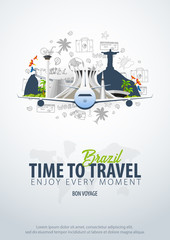Travel to Brazil. Time to Travel. Banner with airplane and hand-draw doodles on the background. Vector Illustration.