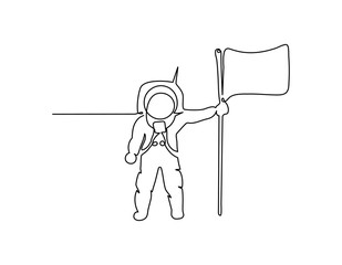 Space one line art. Continuous single drawn one line astronaut, astronaut on the moon with flag cosmic silhouette.