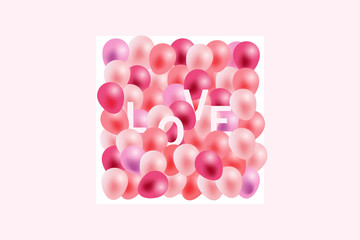 Valentines day background, LOVE letters between realistic air balloons inside white frame. Vector illustration, gradient pink background