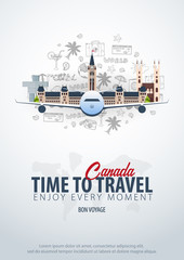 Travel to Canada. Time to Travel. Banner with airplane and hand-draw doodles on the background. Vector Illustration.
