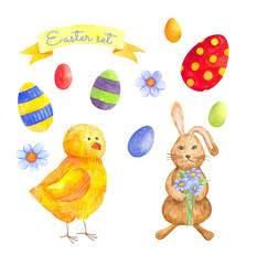 seamless watercolor pattern for Easter with different elements: Easter rabbit. ideal for fabric, wrapping paper, decor