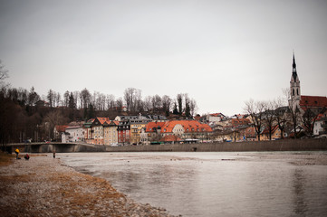 Bad Toelz, Germany - March 10, 2018: Old town Bad Toelz and Isar river in Bavaria