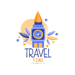 Obraz premium Travel time logo design, summer vacation, weekend tour, tourist agency creative label vector Illustration