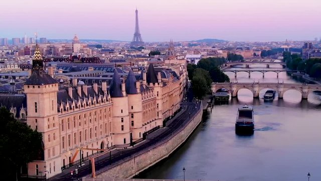 Aerial view to Eiffel tower and Seine&not;&yen;river at sunrise, Paris, France