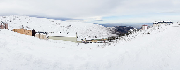 Ski resort of Sierra Nevada in winter, full of snow.