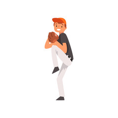 Smiling Catcher Baseball Player Character in Uniform and Outfield Glove with Ball Vector Illustration