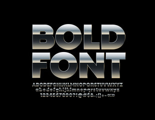 Vector Silver Bold Font. Steel Alphabet Letters, Numbers and Symbols. 