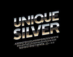 Vector unique Silver Font. Rotated steel Alphabet Letters, Numbers and Symbols.