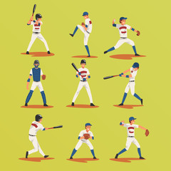 Fototapeta na wymiar Baseball Players In Different Poses set, Softball Male Athletes Characters in Uniform Vector Illustration